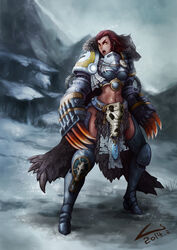  adapted_costume adeptus_astartes animal_skull armor boots braid breasts commentary_request dated fangs female fur gauntlets genderswap_(mtf) heresy highres l_axe medium_breasts midriff navel no_pupils pauldrons photoshop_(medium) power_armor power_claw purity_seal red_hair rule_63 shoulder_armor signature skull snow solo space_wolves thigh_boots thighhighs warhammer_40k yellow_eyes 