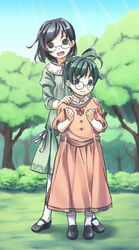  1boy aged_down antenna_hair black_eyes black_hair blue_eyes brother_and_sister crossdressing dress female glasses green_hair hakamichi_hideaki hakamichi_shizune kamifish katawa_shoujo mary_janes open_mouth otoko_no_ko photoshop_(medium) ribbon shoes short_hair siblings smile 