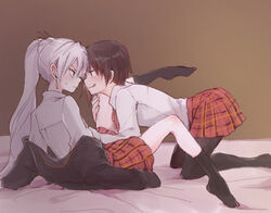  2girls bare_knees bed black_hair black_socks earring eye_contact face_to_face hair_ornament hand_on_leg hand_on_thigh holding_another&#039;s_leg holding_leg knee kneeling knees leaning_back leaning_forward leg_grab leg_up licking_lip long_hair looking_at_another lying nagasawa_(tthnhk) on_bed pleated_skirt ponytail ruby_rose rwby school_uniform short_hair side_ponytail skirt smile socks spread_legs thighhighs tiptoes toes tongue weiss_schnee white_hair yuri 