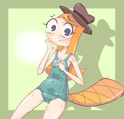  blue_eyes blush cameltoe candace_gertrude_flynn commentary_request cosplay covered_navel female hat k-nattoh navel one-piece_swimsuit orange_hair perry_the_platypus perry_the_platypus_(cosplay) phineas_and_ferb school_swimsuit shadow solo swimsuit tail tears wavy_mouth 