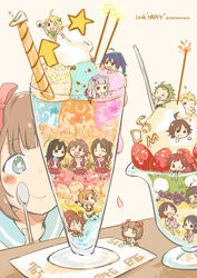  5boys 6+girls akizuki_ryo amagase_touma amami_haruka anniversary arrow_(projectile) blackish_961sp_(idolmaster) blush_stickers chibi commentary_request fireworks food fruit ganaha_hibiki hair_ribbon haruka-san hidaka_ai honda_mio hoshii_miki ice_cream idolmaster idolmaster_(classic) idolmaster_cinderella_girls idolmaster_dearly_stars idolmaster_million_live! idolmaster_movie idolmaster_side-m ijuuin_hokuto in_food jupiter_(idolmaster) kasuga_mirai kogata_nosuke mini_person miniboy minigirl mitarai_shouta mizutani_eri multiple_boys multiple_girls new_generations_(idolmaster) onigiri otoko_no_ko parfait puchimasu! ribbon senkou_hanabi shibuya_rin shijou_takane shimamura_uzuki smile sparkler spoon star_(symbol) strawberry tendo_teru utensil yabuki_kana 