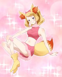  animal_ears blonde_hair blue_eyes boots commentary_request cosplay crop_top fake_animal_ears fake_tail female fennekin fennekin_(cosplay) fur_trim hair_ribbon high_heel_boots high_heels midriff navel no_headwear pokemon pokemon_(anime) ponytail ribbon serena_(pokemon) skirt sleeveless smile solo sparkle tail vuipui 