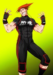  1boy abs adon_(street_fighter) alternate_costume bad_id bad_pixiv_id bodysuit fingerless_gloves gloves gradient_background grin knee_pads male_focus mixed_martial_arts muscular muscular_male orange_hair sasaki_(sid328) smile socks solo spiked_hair standing street_fighter 