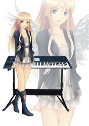  blonde_hair blue_eyes casual commentary_request female highres instrument k-on! korg korg_triton kotobuki_tsumugi long_hair photoshop_(medium) solo synthesizer wings yue_shu_ya zoom_layer 