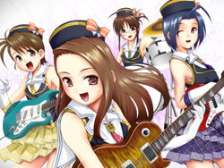  4girls akizuki_ritsuko band bass_guitar blue_hair brown_eyes brown_hair commentary_request drum drum_set electric_guitar fender_stratocaster futami_ami gibson_les_paul gloves guitar hat idolmaster idolmaster_(classic) idolmaster_2 instrument long_hair minase_iori miura_azusa multiple_girls ooiso_shouryuu red_eyes schoolish_girl_(idolmaster) short_hair side_ponytail 