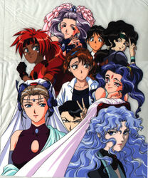  1990s_(style) 2boys 6+girls afura_mann alielle bandana black_eyes black_hair blonde_hair blue_eyes blue_hair brown_eyes brown_hair el_hazard facial_mark ifurita jinnai_katsuhiko jinnai_nanami lipstick long_hair makeup miz_mishtal mizuhara_makoto multiple_boys multiple_girls ponytail purple_hair red_eyes red_hair retro_artstyle rune_venus shayla-shayla veil 