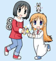  2girls ac_japan arigato_usagi black_eyes black_hair blonde_hair blue_eyes commentary_request lab_coat long_hair lowres multiple_girls necktie nekoma_kotomitsu nichijou open_mouth orange_hair professor_shinonome rabbit school_uniform shinonome_nano short_hair skirt smile winding_key 