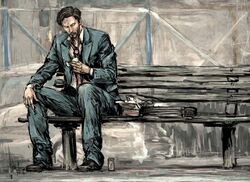  1boy bench can commentary_request eating formal inogashira_gorou keanu_reeves kodoku_no_gourmet male_focus manly meme moto_murabito necktie parody real_life realistic sad_keanu_(meme) sitting solo suit 