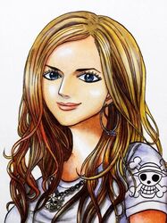  avril_lavigne blue_eyes brown_hair earrings female jewelry necklace oda_eiichirou official_art one_piece 