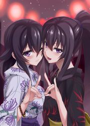  2girls :d ;) bead_bracelet beads black_hair blush bracelet breast_press breasts cheek-to-cheek closed_mouth commentary_request floral_print fox_shadow_puppet hair_between_eyes heads_together japanese_clothes jewelry kimono konohana_enishi looking_at_viewer multiple_girls one_eye_closed open_mouth original ponytail purple_eyes sengoku_aky smile symmetrical_docking upper_body 