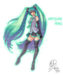  boots character_name commentary_request dated detached_sleeves female green_hair hatsune_miku headset high_heels long_hair necktie photoshop_(medium) renirevenge shoes skirt solo thigh_boots thighhighs twintails very_long_hair vocaloid 