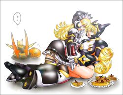  1boy 2girls armor blonde_hair blonde_hair breasts capcom cinnamon cinnamon_gaudile cinnamon_gaudille french_maid green_eyes halloween kunoichi large_breasts maid marino multiple_girls ninja pie pumpkin pumpkin_pie robot rockman rockman_x steel_maximo yuri 