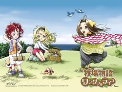  3girls bandana bandana blonde_hair blue_eyes bolero brown_hair canine celia_(harvest_moon) chihuahua cropped_jacket forehead green_eyes grey_eyes harvest_moon headband japanese muffy_(harvest_moon) multiple_girls nami_(harvest_moon) official_art picnic red_hair straight_hair turtle wavy_hair wind windy 