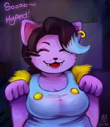  2015 :3 anthro black_hair blue_hair breasts catty_(undertale) cleavage closed_eyes clothed clothing dialogue domestic_cat ear_piercing english_text fangs felid feline felis female fur hair mammal multicolored_hair open_mouth piercing purple_body purple_fur signature smile solo teeth text tongue two_tone_hair undertale undertale_(series) witchofavalon 