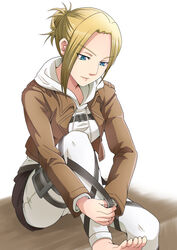  annie_leonhart aquiline_nose barefoot belt blonde_hair blue_eyes commentary_request dressing feet female jacket long_sleeves paradis_military_uniform seven_(11) shingeki_no_kyojin short_hair solo three-dimensional_maneuver_gear toes uniform 