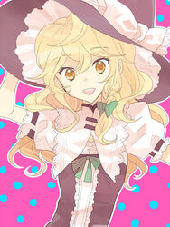  blonde_hair bow braid commentary_request curiosities_of_lotus_asia female frills hairbow hat hat_bow kirisame_marisa makiko open_mouth partial_commentary short_sleeves side_braid single_braid smile solo touhou upper_body white_bow witch_hat yellow_eyes 