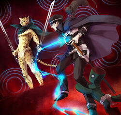  2boys battle black_hair cape commentary_request devil_summoner_(series) duel furry furry_male gouto hat jaguar_boy katana kubokawa_(haifukikara) kuzunoha_raidou light male_focus mokoi_(megami_tensei) multiple_boys ose_(megami_tensei) school_uniform shako_cap shin_megami_tensei shin_megami_tensei_iii:_nocturne sword weapon 