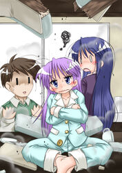  1boy 2girls annoyed blue_eyes blue_hair buttons commentary_request destruction gaketsu highres hiiragi_kagami hiiragi_miki hiiragi_tadao long_hair lucky_star multiple_girls pajamas purple_hair surprised 