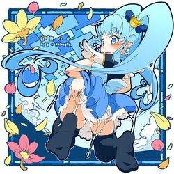  ao_yasai black_thighhighs blue_bow blue_eyes blue_hair bow character_name commentary_request crown crown_bow cure_princess earrings female flower from_behind gold_crown happinesscharge_precure! jewelry kneeling long_hair looking_at_viewer magical_girl panties petals pointed_crown precure shirayuki_hime solo thighhighs twintails underwear 