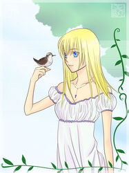  artist_request bird blonde_hair blue_eyes claire_(harvest_moon) female female harvest_moon jewelry leaf necklace 