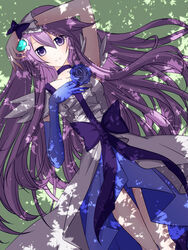  bad_id bad_pixiv_id black_choker blue_flower blue_rose bow breasts brooch brooch_removed choker cure_moonlight dappled_sunlight dress elbow_gloves female flower gloves heart heart_brooch heartcatch_precure! jewelry long_hair lying magical_girl medium_breasts on_back precure purple_eyes purple_hair rose shade single_elbow_glove single_glove smile solo sunlight syno tsukikage_yuri waist_bow wrist_cuffs 