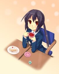  black_hair brown_eyes cake commentary_request cup female food fork highres k-on! long_hair nakano_azusa neck_ribbon photoshop_(medium) plate ponishi. red_ribbon ribbon sakuragaoka_high_school_uniform school_uniform solo table tea teacup twintails 