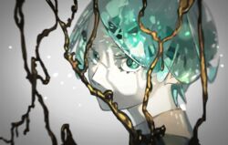  1other androgynous aqua_hair blurry colored_eyelashes commentary_request covered_mouth crystal depth_of_field gold golden_arms grey_background houseki_no_kuni light_particles looking_at_viewer other_focus phosphophyllite portrait shade short_hair solo toooka 