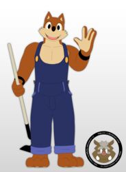  3d_(artwork) anthro barefoot biceps biped brown_body brown_fur bulge canid canine canis clothed clothing digital_media_(artwork) feet fur gesture grin looking_at_viewer male mammal muscular muscular_anthro muscular_male overalls pecs plantigrade simple_background smile solo teeth tongue tools topless vrart1 waving wolf wristband wuffle wuffle_(webcomic) 