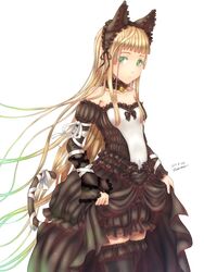  animal_hat bare_shoulders bell blonde_hair blunt_bangs cat_hat choker commentary_request detached_sleeves female gothic_lolita green_eyes hairband hat jingle_bell lolita_fashion long_hair original ribbon sabamu solo tail tail_ornament tail_ribbon thighhighs zettai_ryouiki 