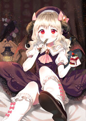  animal bad_id bad_pixiv_id bird black_dress blonde_hair bloomers blush bow closed_mouth commentary curly_hair demon_wings dress female food fork frilled_socks frills furururu hat highres holding holding_food holding_fork horns indoors jewelry kneehighs lamp light_particles looking_at_viewer oerba_yun_fang original pink_bow puffy_short_sleeves puffy_sleeves purple_dress red_eyes ribbon-trimmed_legwear ribbon-trimmed_socks ribbon_trim shoes short_sleeves sitting smile socks solo underwear utensil_in_mouth white_bloomers white_socks wings 