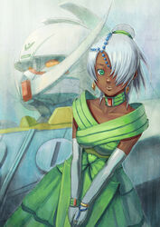  1boy choker dark-skinned_male dark_skin dress elbow_gloves flick-float gloves green_eyes gundam hair_over_one_eye jewelry laura_rolla lips loran_cehack male_focus mecha otoko_no_ko photoshop_(medium) robot solo turn_a_gundam white_hair 