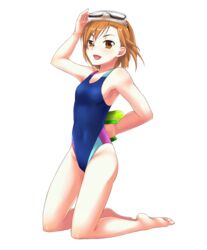  24a armpits barefoot brown_eyes brown_hair commentary_request competition_swimsuit diving_mask female flat_chest goggles highres image_sample kneeling md5_mismatch misaka_mikoto one-piece_swimsuit pixiv_sample salute short_hair solo swimsuit toaru_kagaku_no_railgun toaru_majutsu_no_index transparent_background water_gun 