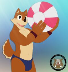  3d_(artwork) abstract_background anthro ball beach beach_ball biceps brown_body brown_fur bulge canid canine canis clothed clothing digital_media_(artwork) fur gradient_background grin holding_ball holding_object inflatable male mammal muscular muscular_anthro muscular_male navel outside pecs pool_toy seaside simple_background skimpy smile solo speedo swimwear teeth tongue topless vrart1 wolf wristband wuffle wuffle_(webcomic) 