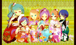  6+girls bad_id bad_pixiv_id barazono_han blue_eyes blue_hair bow floral_print flower glasses green_hair hasuike_an hou_(ppo) inazuma_eleven inazuma_eleven_(series) japanese_clothes kimono kneeling kurakake_clara kurione_yuki mask multiple_girls nitou_honoka orange_hair photoshop_(medium) pillarboxed purple_hair touchi_ai 