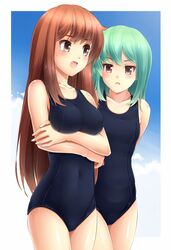  2girls brown_eyes brown_hair green_hair komimiyako komitsu long_hair multiple_girls swimsuit 