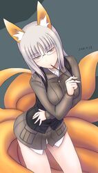  animal_ears brave_witches breasts commentary_request edytha_rossmann female fox_ears fox_girl fox_tail glasses grey_hair legs medium_breasts military military_uniform multiple_tails pointer sabamu seductive_smile smile solo tail uniform world_witches_series 