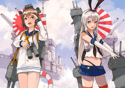  2girls alchemaniac antennae bad_deviantart_id bad_id blue_skirt cannon destroyer dress elbow_gloves flag gloves harbor highleg highleg_panties highres historical_name_connection kantai_collection long_hair looking_at_viewer machinery military military_vehicle miniskirt multiple_girls name_connection object_namesake outdoors panties photoshop_(medium) pleated_skirt pole rensouhou-chan rising_sun_flag robot sailor_dress school_uniform serafuku shimakaze_(destroyer) shimakaze_(kancolle) ship skirt standing sunburst thighhighs thong turret underwear vehicle_and_personification very_long_hair warship watercraft yukikaze_(destroyer) yukikaze_(kancolle) 