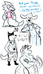  2015 aaron_(undertale) alphys anthro apron bodily_fluids buckteeth canid canine canis clothing coat collar conditional_dnp crossed_arms cupsofjade dialogue digital_drawing_(artwork) digital_media_(artwork) doggo_(undertale) domestic_dog english_text equid equine european_mythology eyewear female gesture glasses greek_mythology hand_gesture hippocampus horse lab_coat lizard male mammal marine multiple_images muscular mythology nicecream_man open_mouth reptile scalie smile solo speech_bubble spiked_collar spikes sweat teeth text topwear undertale undertale_(series) v_sign 