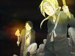  2boys bad_id bad_pixiv_id bandages black_hair blonde_hair edward_elric fire fullmetal_alchemist ling_yao multiple_boys ponytail tame torch yellow_eyes 