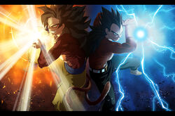  2boys alternate_form aura bad_id bad_pixiv_id belt black_hair blue_eyes body_fur brown_hair dragon_ball dragon_ball_gt galick_gun gloves grin kamehameha_(dragon_ball) letterboxed long_hair male_focus multiple_boys muscular niwatori rape_face smile son_goku spiked_hair super_saiyan super_saiyan_4 tail topless_male vegeta yellow_eyes 