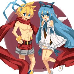  1boy abs april_(aprilmayu) aqua_hair belt black_belt blonde_hair bloomers blue_eyes commentary_request cosplay dated detached_sleeves disgaea female flonne flonne_(cosplay) hair_ribbon hatsune_miku kagamine_len laharl laharl_(cosplay) long_hair no_nipples open_mouth red_scarf red_shorts ribbon scarf shorts topless_male twintails underwear very_long_hair vocaloid white_bloomers wings 