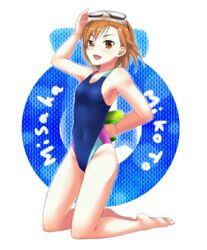  24a armpits barefoot brown_eyes brown_hair commentary_request competition_swimsuit diving_mask female flat_chest goggles highres image_sample kneeling md5_mismatch misaka_mikoto one-piece_swimsuit pixiv_sample salute short_hair solo swimsuit toaru_kagaku_no_railgun toaru_majutsu_no_index transparent_background water_gun 