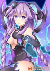  blue_eyes breasts cleavage commentary_request female hair_ornament jokerace03 leotard long_hair looking_at_viewer medium_breasts nepnep_connect:_chaos_chanpuru neptune_(series) purple_hair purple_heart_(chaos_form) purple_heart_(neptunia) solo symbol-shaped_pupils very_long_hair 