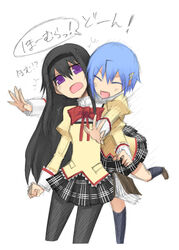  2girls akemi_homura anger_vein black_hair blue_hair book closed_eyes commentary_request dropping hair_ornament hairclip hug hug_from_behind kurakumo_nue long_hair mahou_shoujo_madoka_magica mahou_shoujo_madoka_magica_(anime) miki_sayaka mitakihara_school_uniform multiple_girls open_mouth pantyhose plaid plaid_skirt purple_eyes school_uniform short_hair simple_background skirt smile white_background 