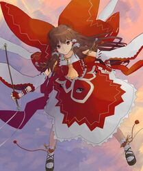  adapted_costume anklet bow brown_eyes brown_hair commentary_request detached_sleeves embellished_costume female fingerless_gloves flower gloves gohei hair_flower hair_ornament hair_tubes hairbow hakurei_reimu highres jewelry large_bow long_hair necklace pinzu sky solo touhou 