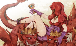  anklet barefoot chalice commentary_request crown cup demon_girl fangs feet female gloves hood horns jewelry meji monster mother_harlot_(megami_tensei) photoshop_(medium) shin_megami_tensei shin_megami_tensei_iii:_nocturne smoke solo 