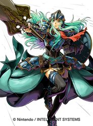  arm_guards armor copyright_name female fire_emblem fire_emblem:_akatsuki_no_megami fire_emblem_cipher gauntlets green_hair helmet holding holding_weapon long_hair nephenee pauldrons polearm shield simple_background solo spear thighhighs weapon zettai_ryouiki 