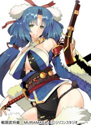  antique_firearm bare_shoulders blue_hair breasts commentary_request female firelock green_eyes gun large_breasts long_hair matchlock mole mole_under_mouth ryuuta_(msxtr) sengoku_bushouki_muramasa shimazu_takahisa solo sword weapon 