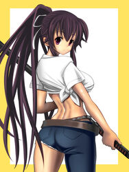  alternate_breast_size ass asymmetrical_clothes asymmetrical_legwear back bad_id bad_pixiv_id belt black_hair breasts brown_belt crop_top denim feet_out_of_frame female from_behind front-tie_top hair_ribbon highres holding holding_sword holding_weapon jeans kanzaki_kaori katana legs long_hair medium_breasts midriff navel ootachi pants ponytail purple_eyes ribbon sheath sheathed shichiten_shichitou shirt short_sleeves single_pantsleg solo sueyuu sword thighs tied_shirt toaru_majutsu_no_index very_long_hair weapon white_shirt 