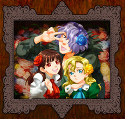  1boy 2girls blonde_hair blue_eyes blue_flower blue_rose brown_hair commentary_request flower garry_(ib) hair_flower hair_ornament hair_over_one_eye ib_(ib) ib_(kouri) long_hair mary_(ib) multiple_girls picture_frame purple_hair red_eyes red_flower red_rose rose tsushima_shuu v yellow_flower yellow_rose 